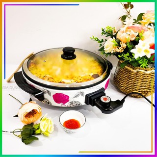 Nồi nướng điện đa năng họa tiết hoa hồng - Nướng chín thực phẩm nhanh, Làm PIZZA - công suất 1500W