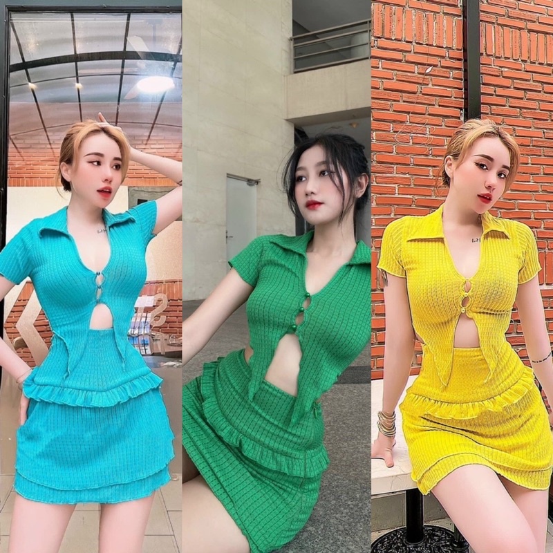 Set Áo Croptop Cổ Bẻ Tay Ngắn Tà Nhọn 3 Núc Kèm Chân Váy Ôm Phối Bèo