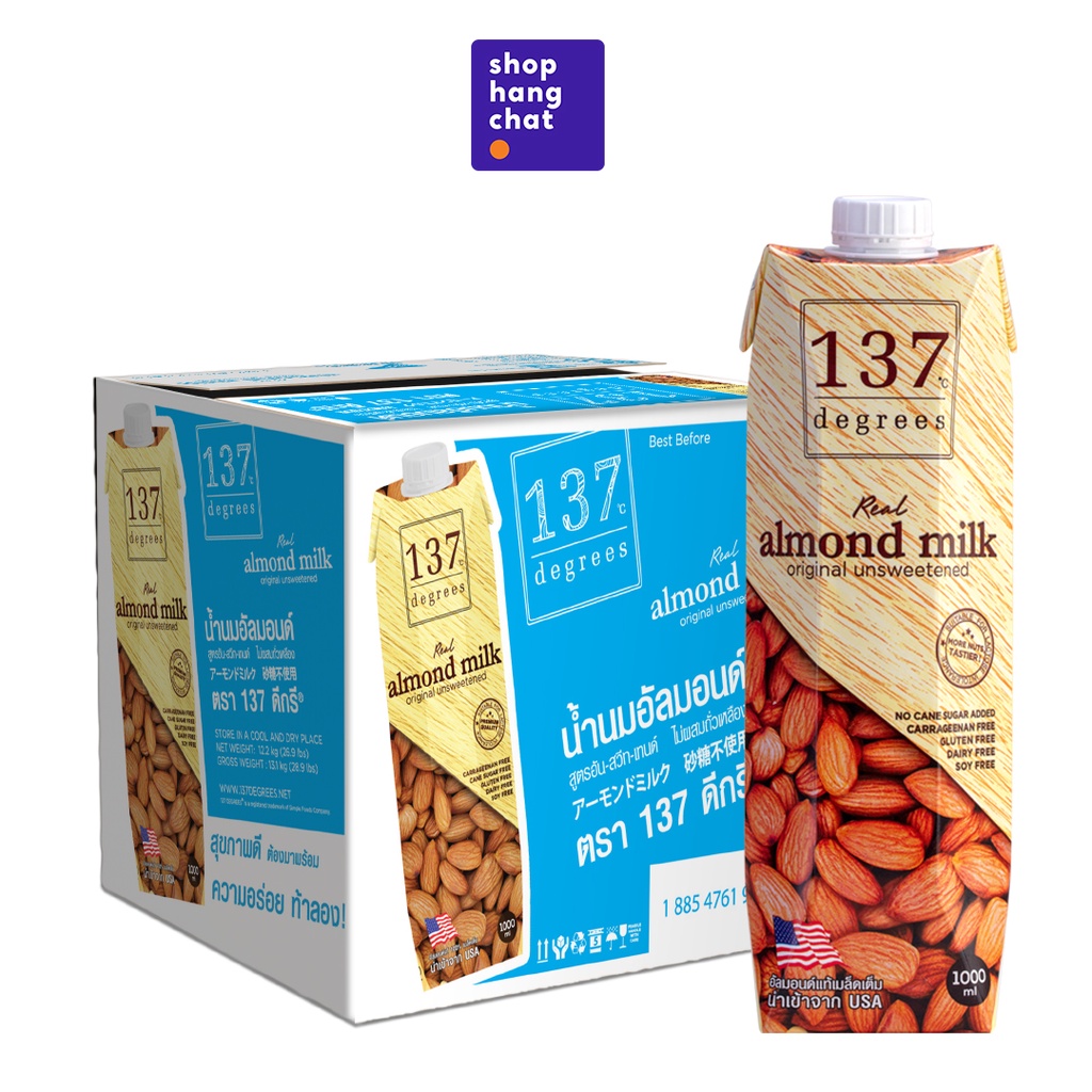 Sữa hạnh nhân không đường 137 DEGREES 1000ml x 12 hộp, 99% từ hạt tươi
