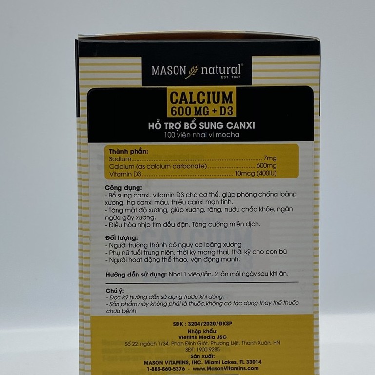 Calcium 600mg + D3 Mason Natal Hộp 100 Viên - Hỗ Trợ Sức Khoẻ Xương Khớp