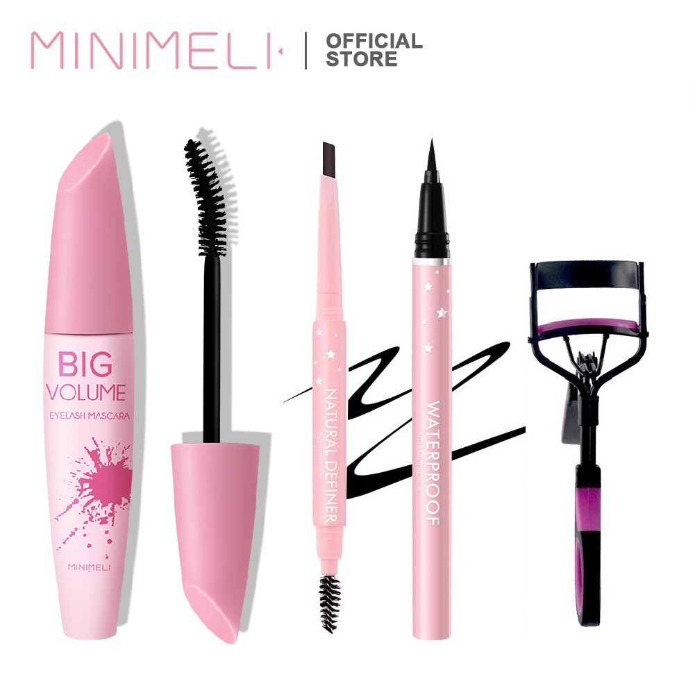 MINIMELI Bộ trang điểm mắt 4 món ( Chì kẻ lông mày + Bút kẻ mắt + Mascara + Dụng cụ bấm mi ) 80g