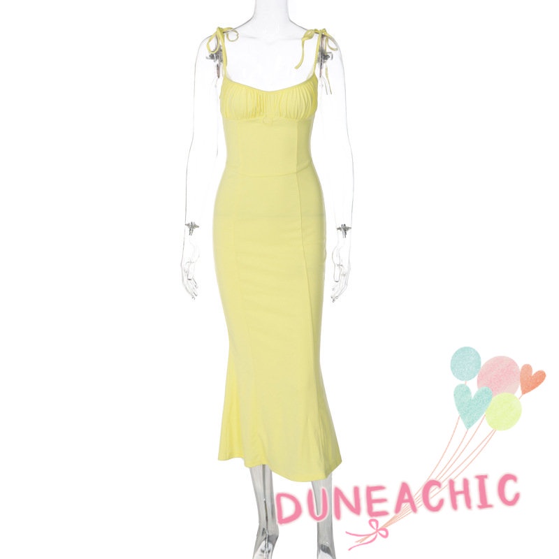 DUNEA Đầm Nữ Hai Dây Màu Trơn Xếp Ly Thời Trang