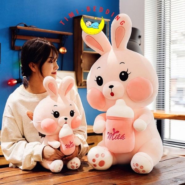Gấu bông thỏ hồng ôm bình sữa cute, dễ thương 60cm, 80cm và 110cm– Timibedding