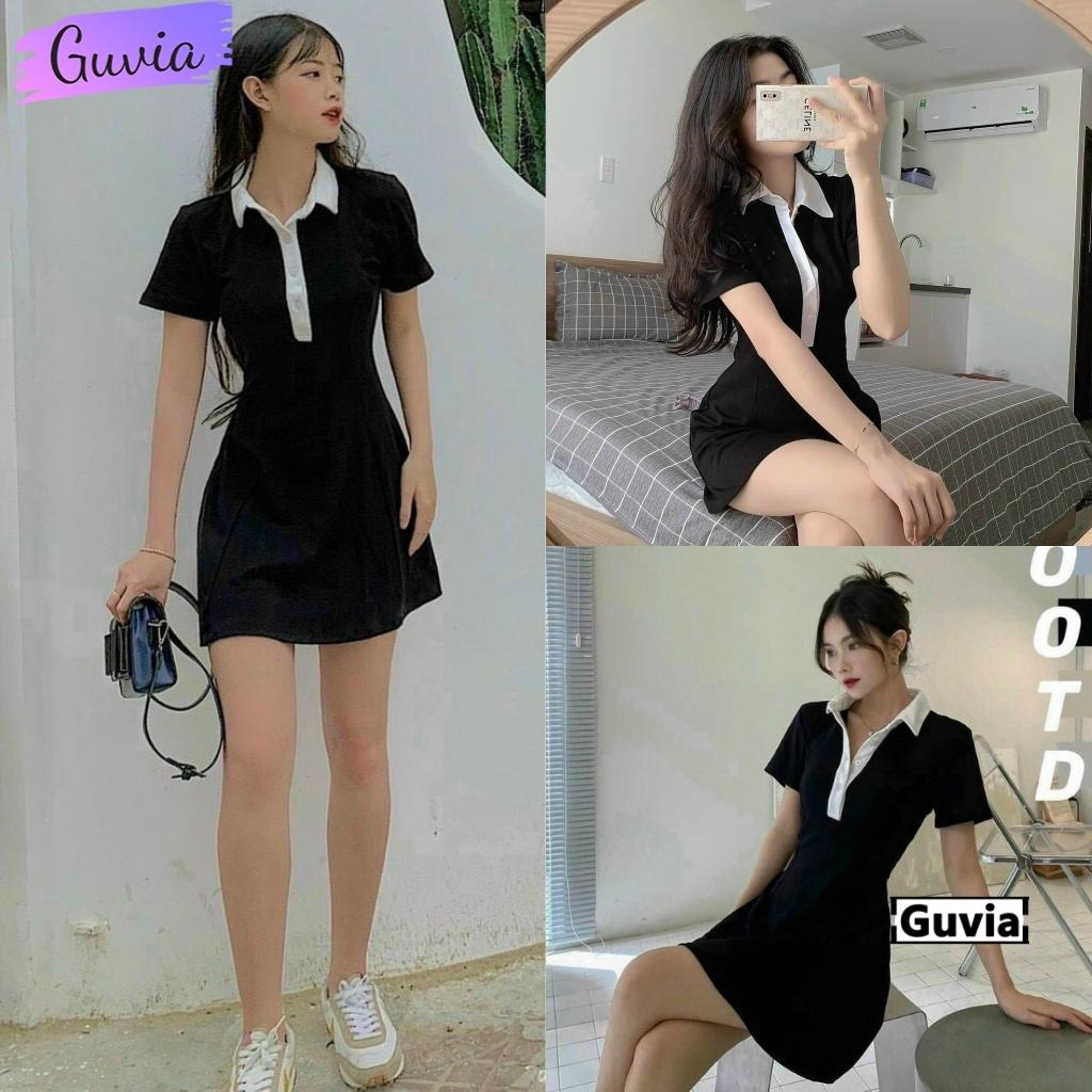 Đầm Váy POLO Dáng Xòe Tay Ngắn Phối Cổ Trắng Chất Borip Tốt Mặc Đẹp Body GUVIA