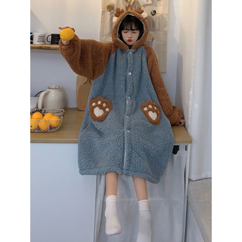 Váy ngủ bông, Áo choàng lông bông gấu nâu xanh kiểu dáng rộng túi bàn tay gấu dễ thương ấm áp