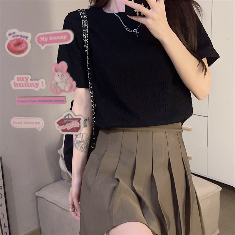 Áo thun SUXI cổ tròn ngắn tay màu trơn đơn giản cho nữ