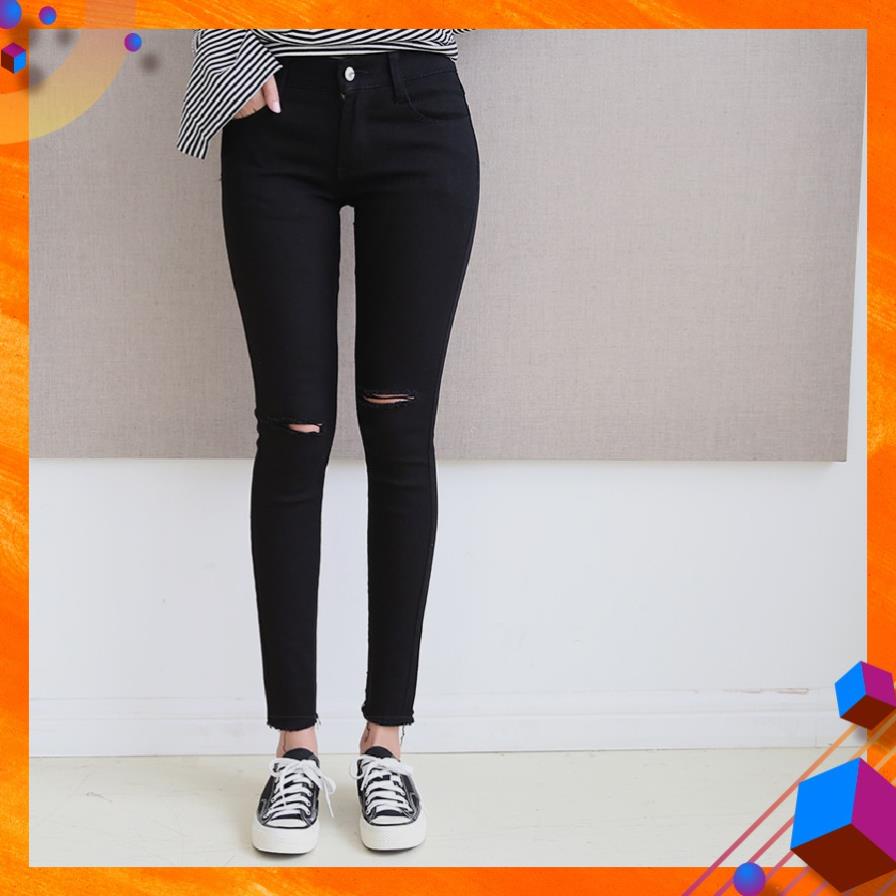 Quần Jeans Đen LƯNG THUN Rách 2Gối BIG SIZE - Lưng Cao Trên Rốn- Co Giãn Mạnh ! -