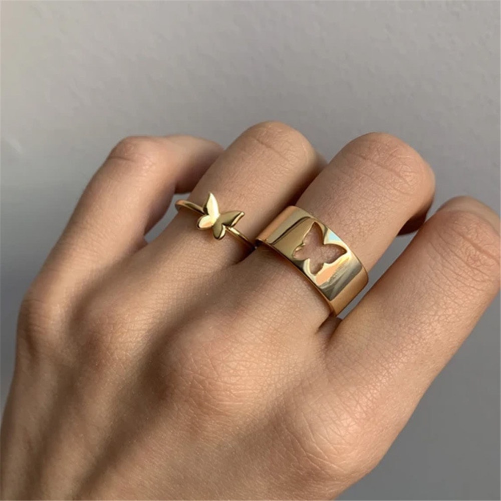 Set 2 Nhẫn Hình Bướm Phong Cách Punk Thời Trang Cho Cặp Đôi Yanqueens Đồ trang sức