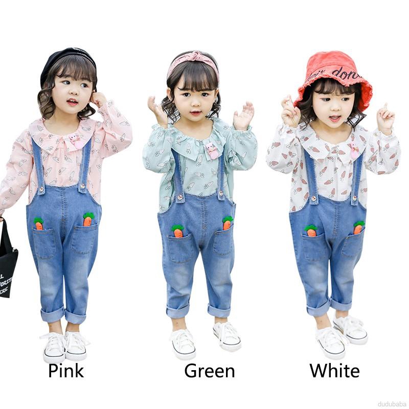 Set áo sơ mi tay dài + quần yếm dài denim thêu hình cà rốt dễ thương thời trang cho bé gái 1-4 tuổi