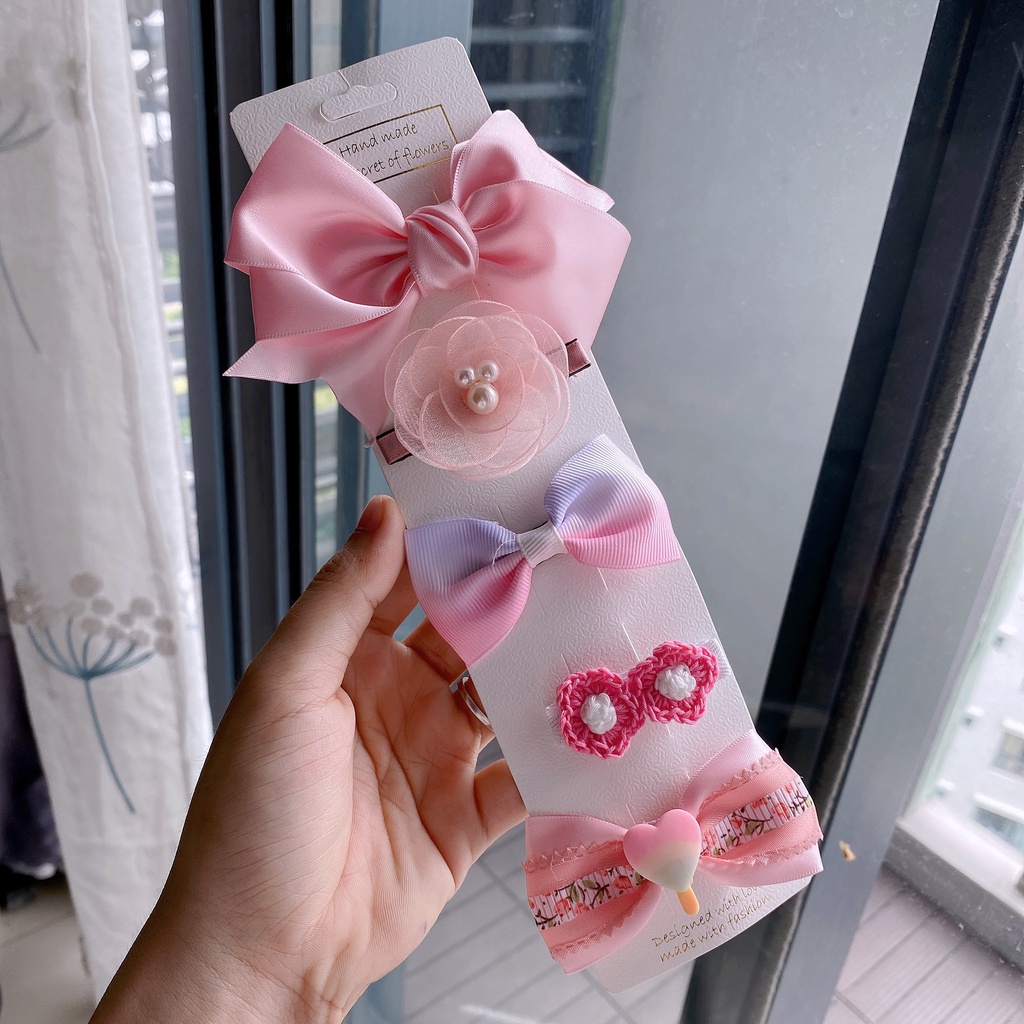 [HCM] Set 2/5 kẹp nơ công chúa handmade đỏ hồng cho bé sang chảnh xịn xò phong cách Hàn Quốc - Selenshop