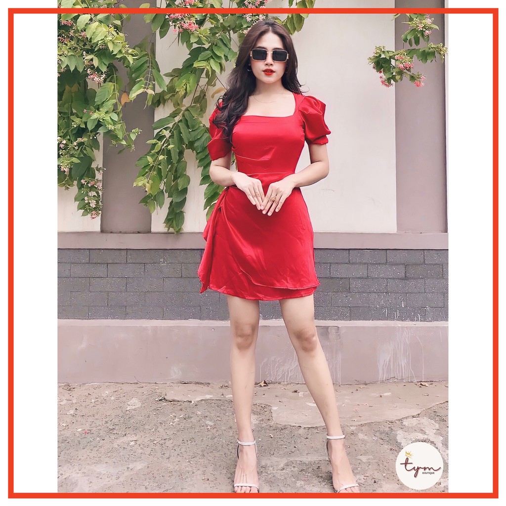 Đầm lụa satin cổ vuông tay phồng, gấp nếp hông xoắn eo tôn dáng, kèm mút | Free size (40-55kg) | - TYM11 | BigBuy360 - bigbuy360.vn