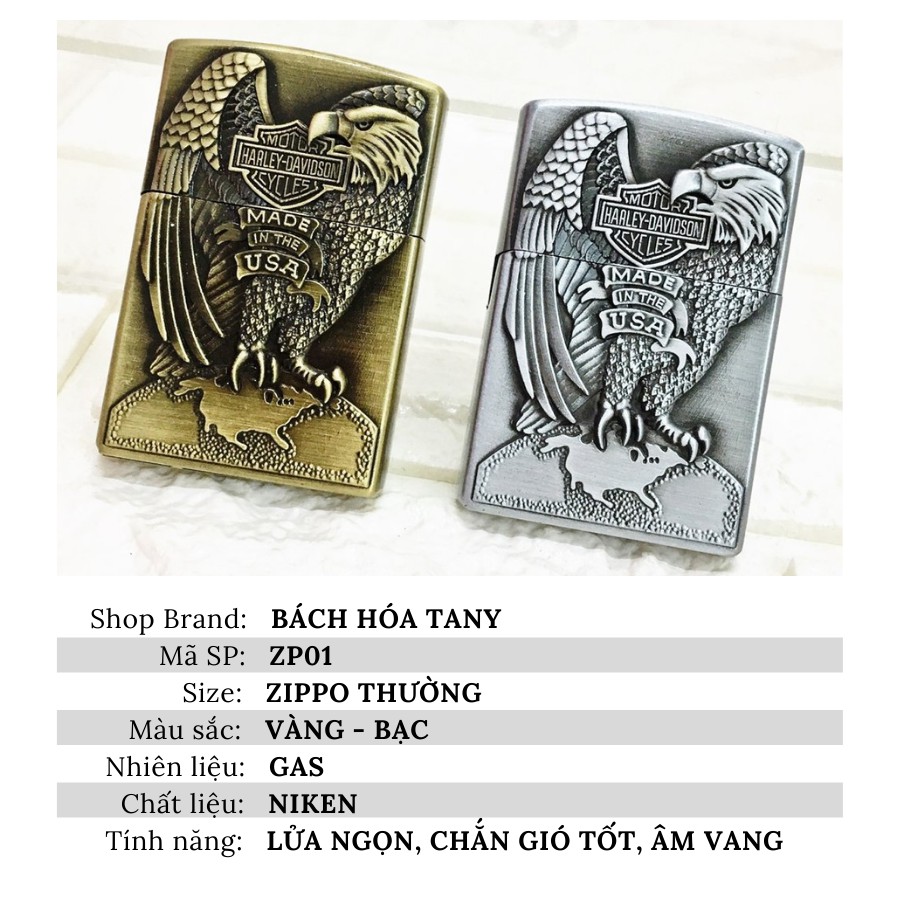 Vỏ Bật Lửa Zippo Khắc Nổi Logo "HARLEY-DAVIDSON" Hình Đại Bàng Nước Mỹ