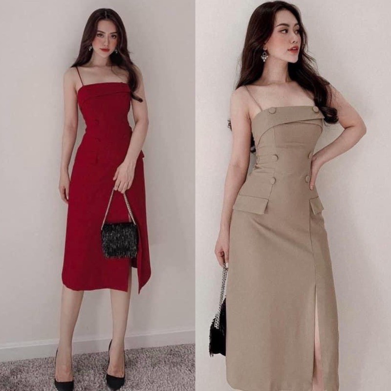 Đầm 2 dây xẻ đùi phối nút bọc to