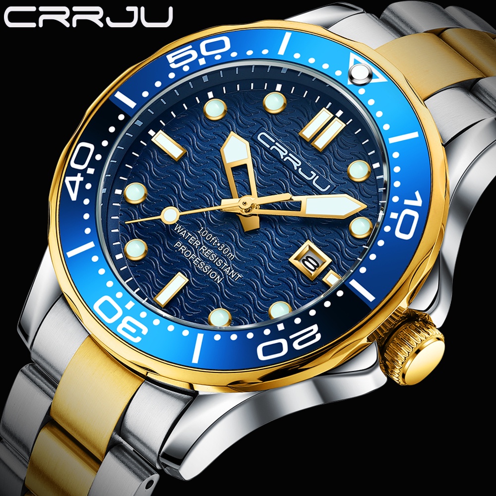 CRRJU Men's Quartz Watch Fashion Luxury Sports Military Stainless Steel Strap Luminous Waterproof 2192S