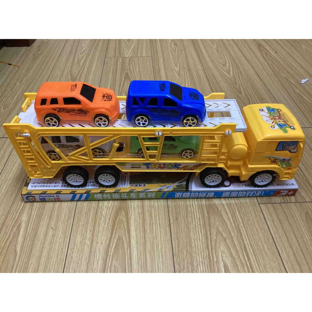 Đồ chơi xe đầu kéo chở 4 xe đua mini (Video + Ảnh thật)