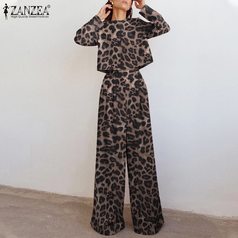 Bộ đồ ZANZEA in họa tiết da báo gồm áo croptop dài tay và quần dài ống rộng