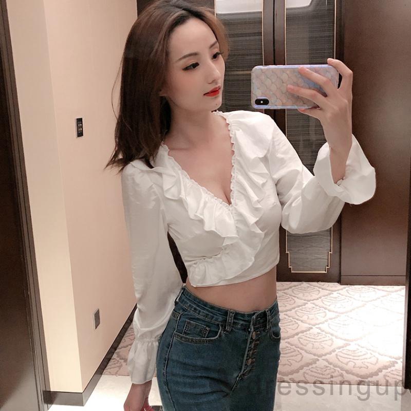 Áo thun nữ tay dài cổ chữ V thời trang quyến rũ