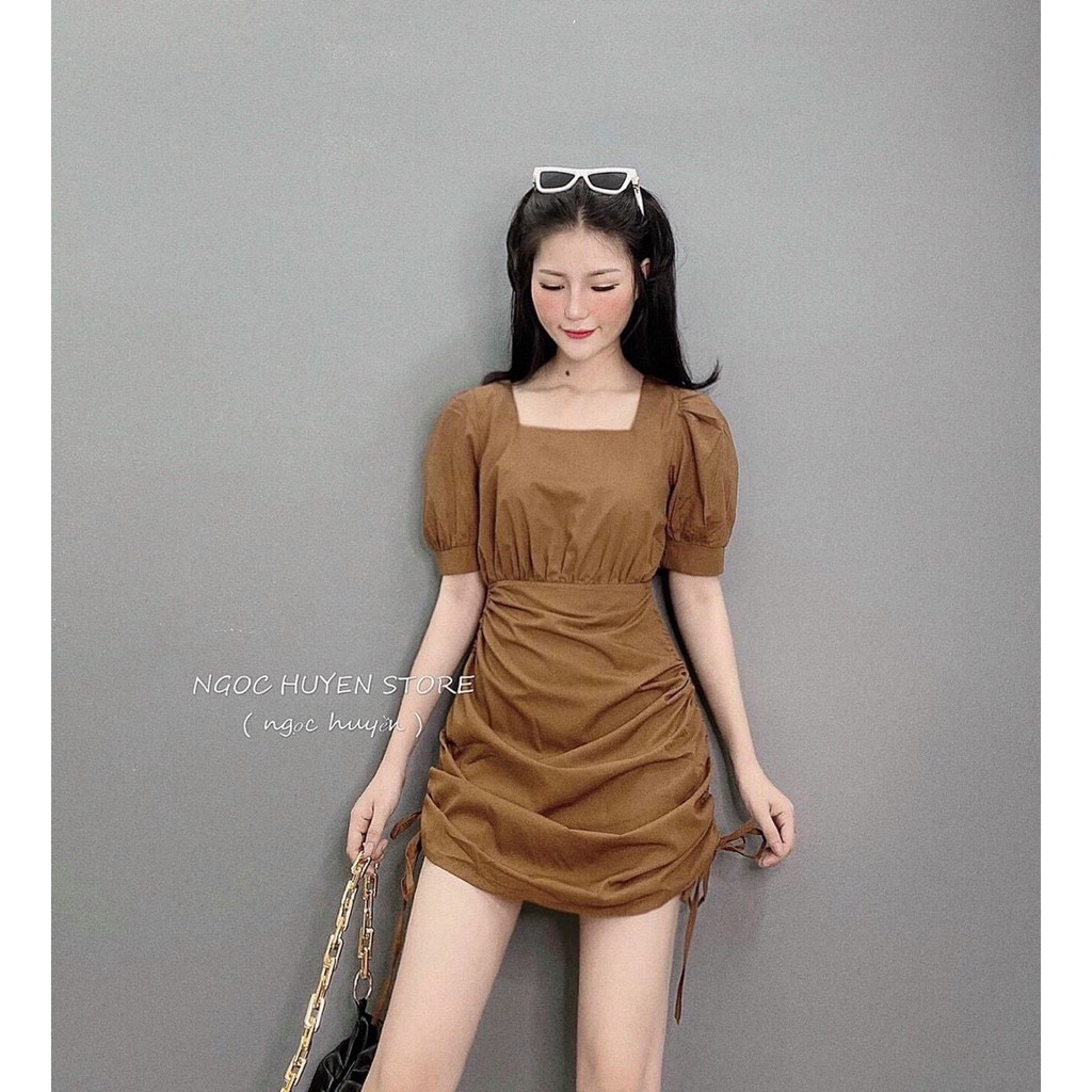 đầm ngắn rút dây cổ vuông