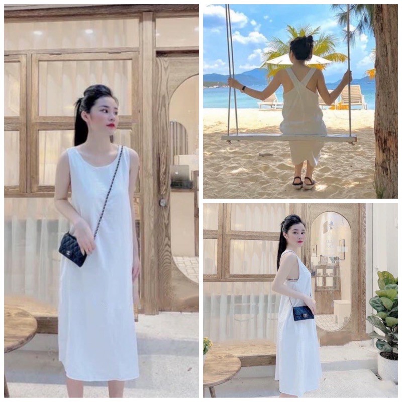 Váy maxi form rộng hai dây bản to đan chéo lưng HD05