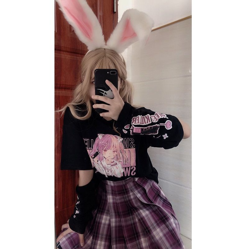 Áo thun ngắn tay in hình cô gái bắn tỉa lolita đáng yêu thiết kế có thể tháo rời thời trang mùa hè nhẹ nhàng