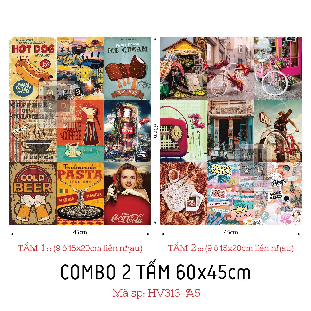 COMBO 2 TẤM DECAL TRANG TRÍ VINTAGE - RETRO, KT: 60x45cm x 2 tấm