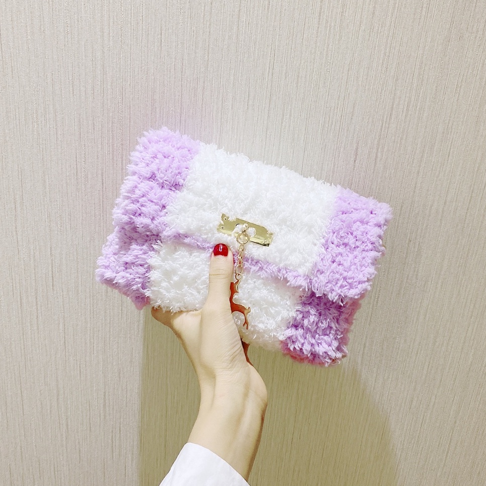 Túi tự đan handmade phối màu, túi đeo chéo len xù phong cách Hàn Quốc - Bộ phụ kiện đầy đủ LX205