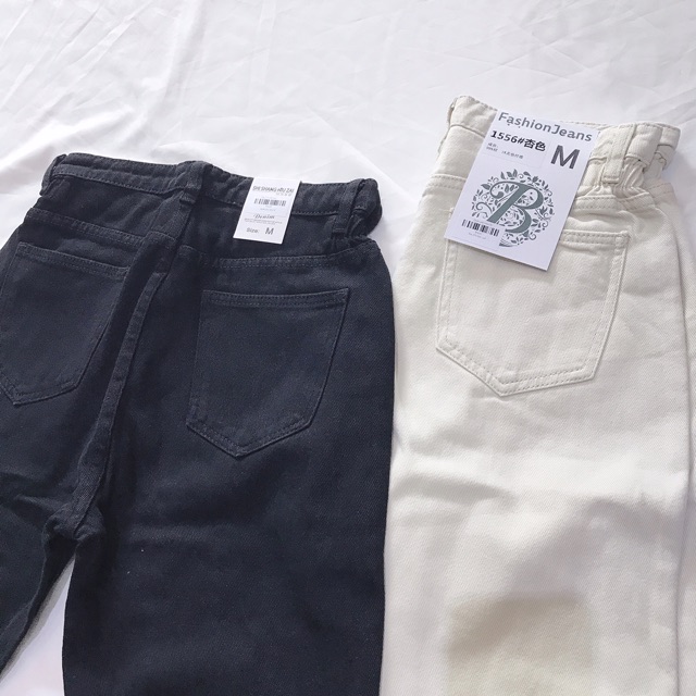 Quần baggy jean nhún eo. 2 màu đen - kem