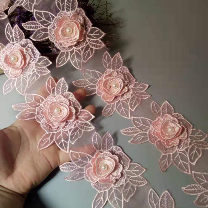 Set 10 Dải Ruy Băng Đính Hoa Hồng Và Ngọc Trai Trang Trí Đám Cưới