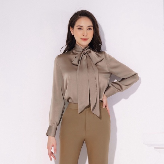 Áo Sơ Mi Lụa Công Sở Nữ HeraDG Thiết Kế Tay Dài Cổ Thắt Nơ Điệu, Chất Vải Mềm Nhẹ WAKBA016