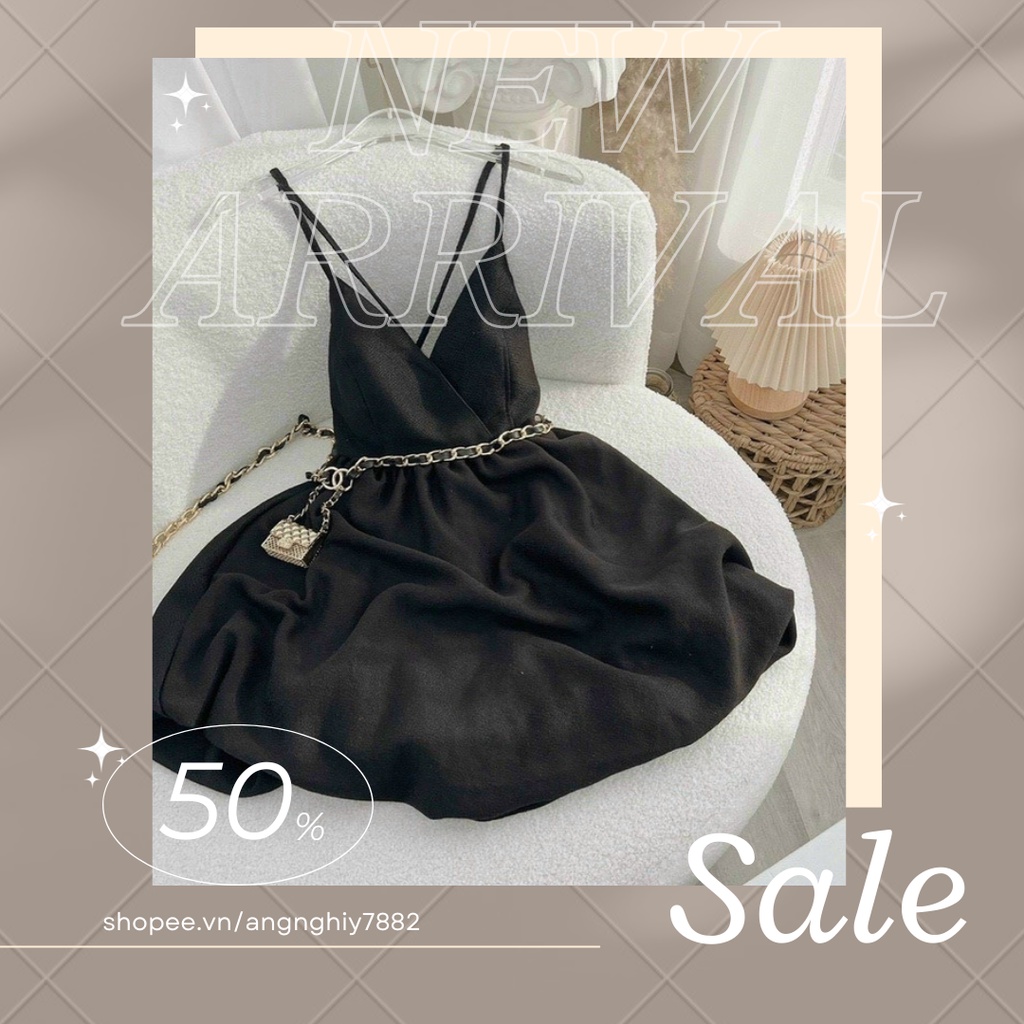 Vấy đầm nữ đen xòe 2 dây đan chéo hở lưng ôm eo freesize phù hợp dự tiệc dạo phố dễ thương