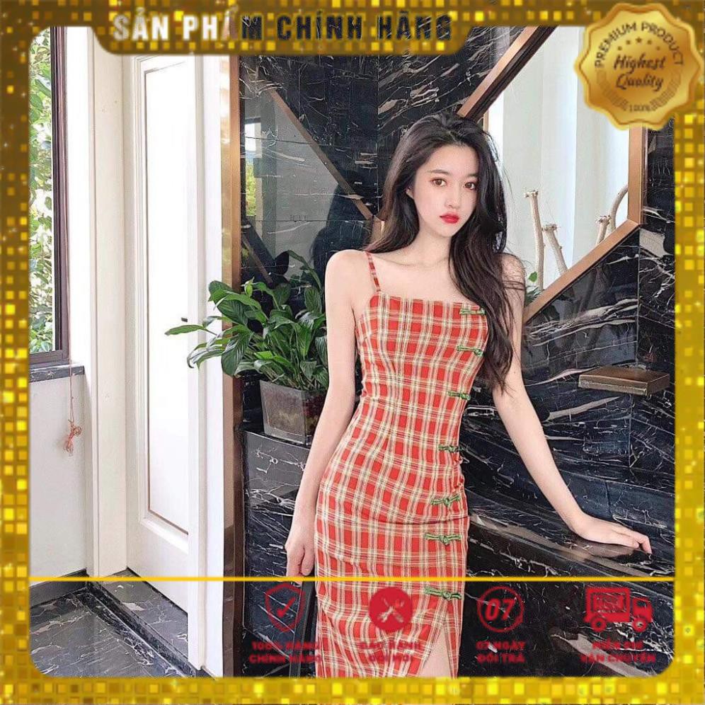 Đầm nữ body hai đây caro phối nút kiểu tàu, váy xẻ tà quyến rũ (có kèm mút), chất thun dẻo thích hợp đi dạo, đi chơi