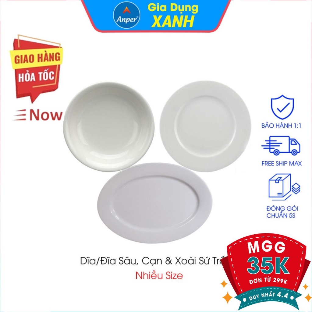 Combo 2 đĩa sứ 3 dĩa sứ trắng ANPER 15 18 21 23 cm chén kiểu đẹp plate