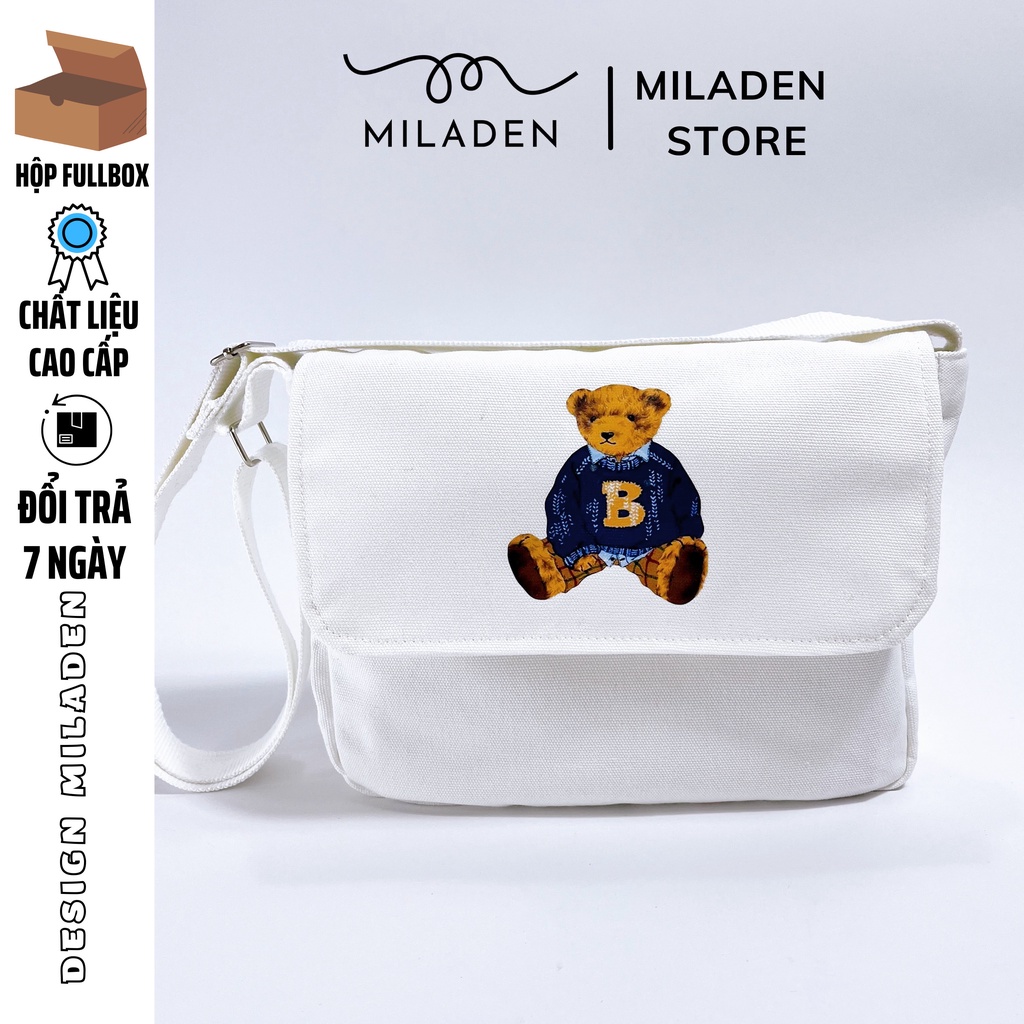 Túi đeo chéo canvas đi chơi đi học nam nữ unisex gấu teddy thương hiệu MILADEN