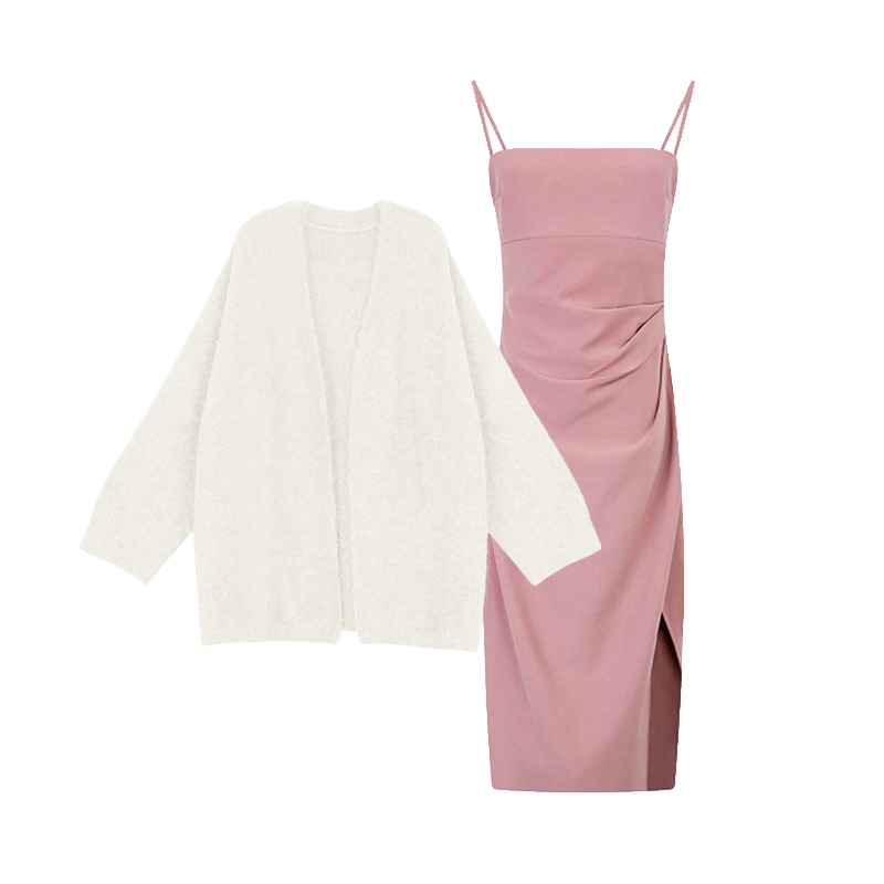 Set váy hai dây tôn dáng ôm body MORAn tiểu thư nhẹ nhàng + Áo len cardigan dáng dài
