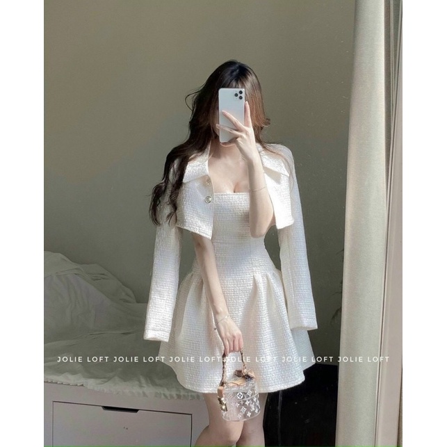 SET ĐẦM DẠ 2 DÂY TRẮNG  KÈM KHOÁC CROP VEST