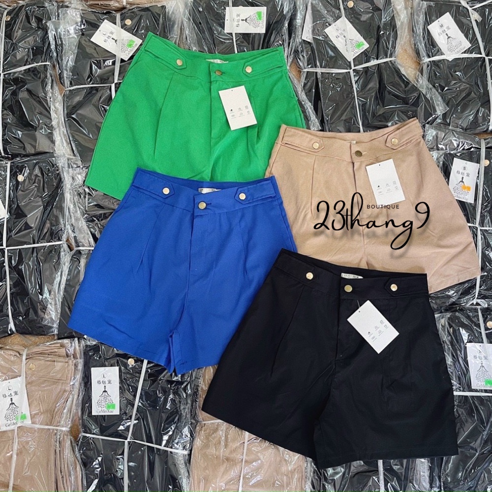 Quần short nữ ống rộng lưng cao cúc đồng quần đùi nữ cạp cao chất thô mềm màu đen màu be đi chơi đi du lịch 23thang9