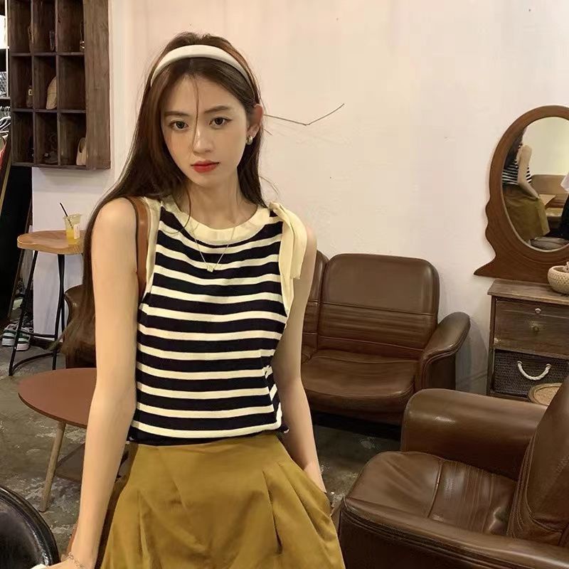 Áo Dệt Kim Dáng Rộng Họa Tiết Kẻ Sọc Thắt Nơ Xinh Xắn Cho Nữ