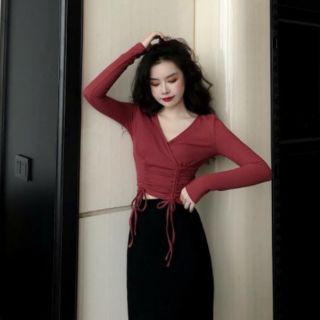 Áo cổ đắp chéo dây rút eo tay dài