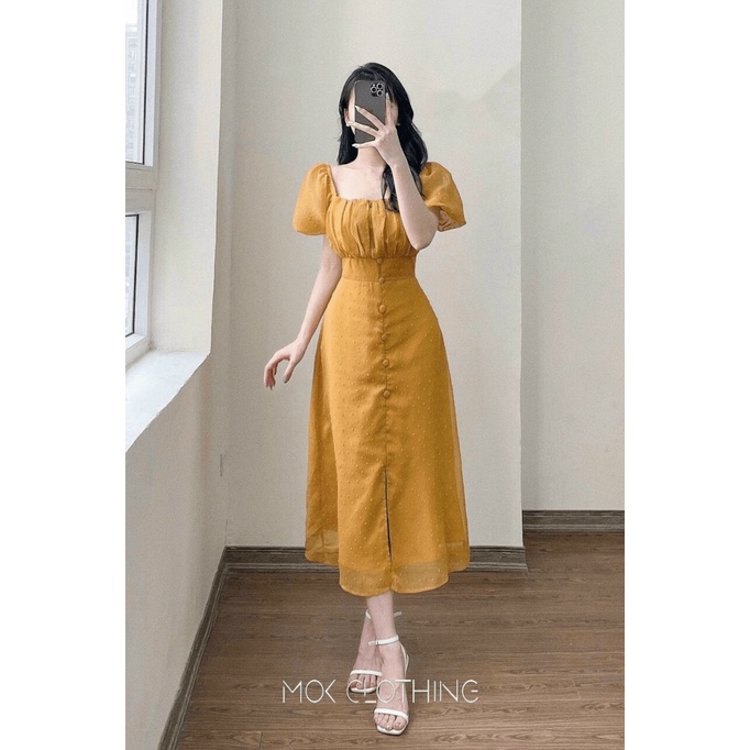 ĐẦM VOAN ĐŨI TAY NGẮN XẾP LY NGỰC PHỐI NÚT BỌC SIÊU XINH PHONG CÁCH DỊU DÀNG NỮ TÍNH lt