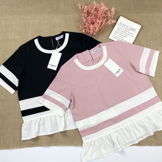 Áo kiểu bèo trắng phối màu KAMONG A016 | BigBuy360 - bigbuy360.vn