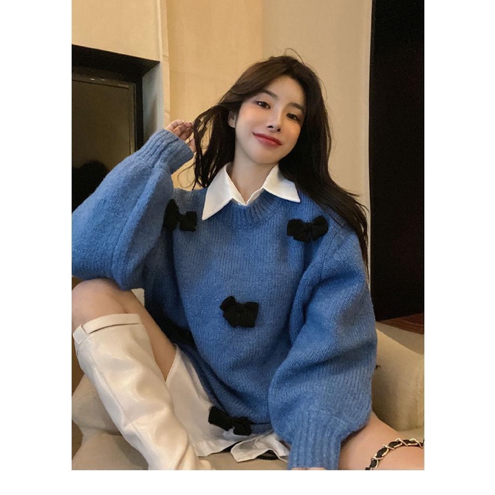 COZOK Áo sweater tay dài dáng rộng phối nơ xinh xắn thời trang