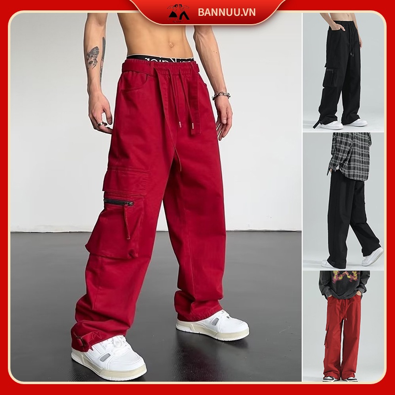 quần túi hộp nam retro thời trang quần túi hộp nữ from rộng quần ống suông phong cách Hàn Quốc thời trang quần thể thao nam dài trẻ tuổi  unisex Quần ống rộng