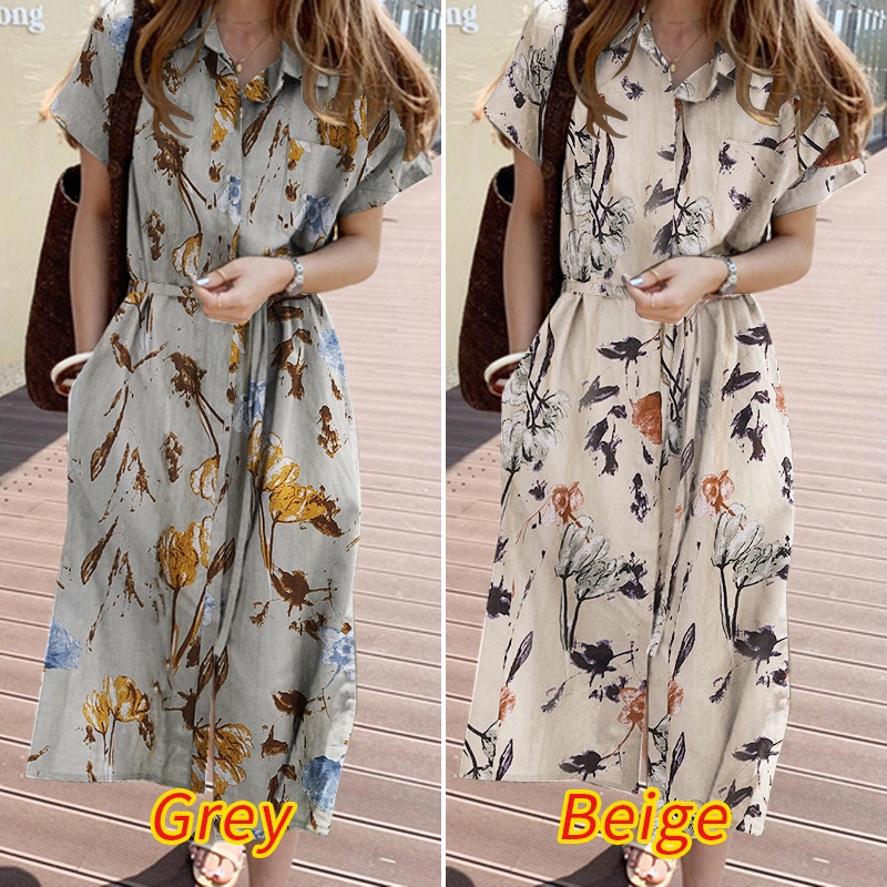 Đầm dài Zanzea ngắn tay cổ bẻ in họa tiết phong cách cổ điển dành cho nữ