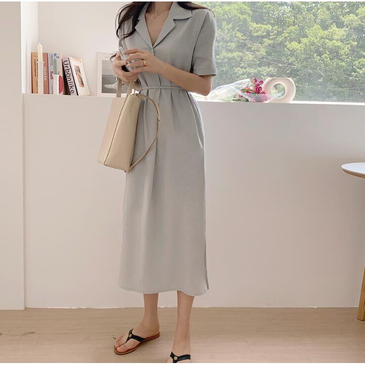 Đầm Sơ Mi Dáng Dài Cột Dây Màu Sắc Đơn Giản 35907