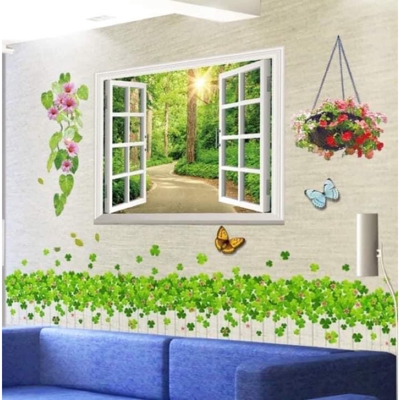 Decal dán tường cửa sổ xanh chân cỏ may mắn.
