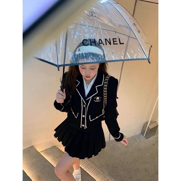 Set áo dạ tweed dáng ngắn phối viền trắng nổi bật kèm chân váy xếp li (có ảnh thật)