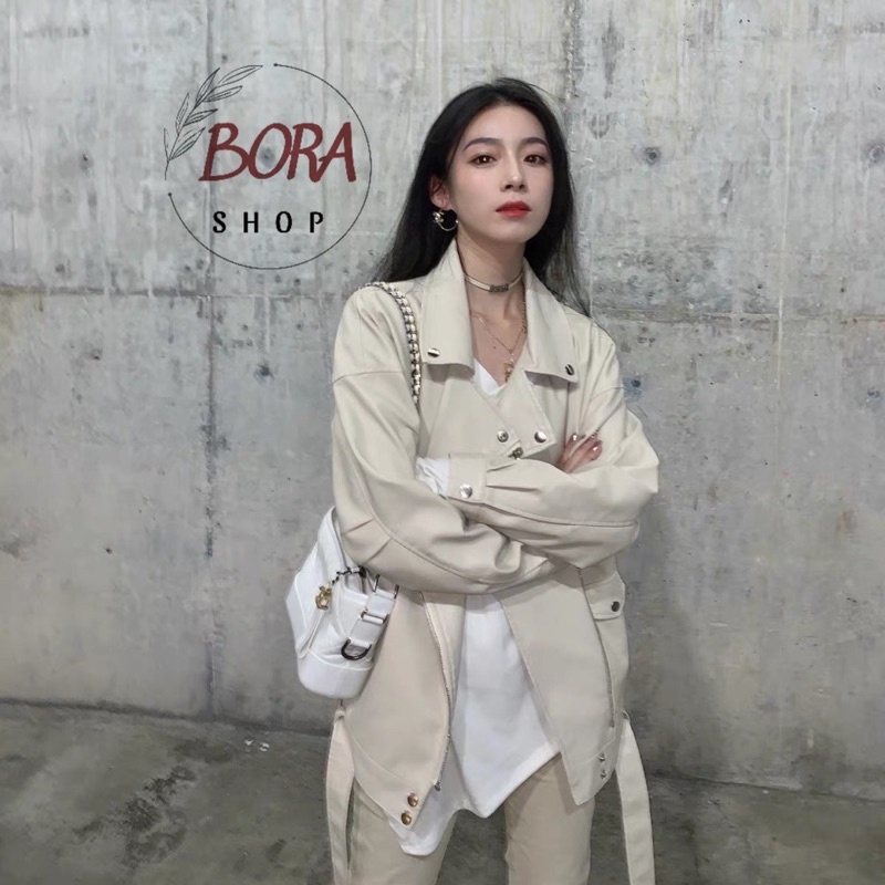 Áo khoác da nữ dáng ngắn khoá kéo Ulzzang Hàn Quốc BORA SHOP cổ áo đính cúc kim loại order