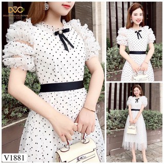 [VÁY ĐI TIỆC CAO CẤP] Váy xòe chấm bi trắng tay bồng