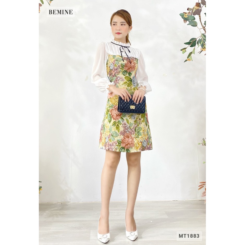 Đầm hoa phối bèo trắng tay dài BEMINE MT1883XANH | BigBuy360 - bigbuy360.vn