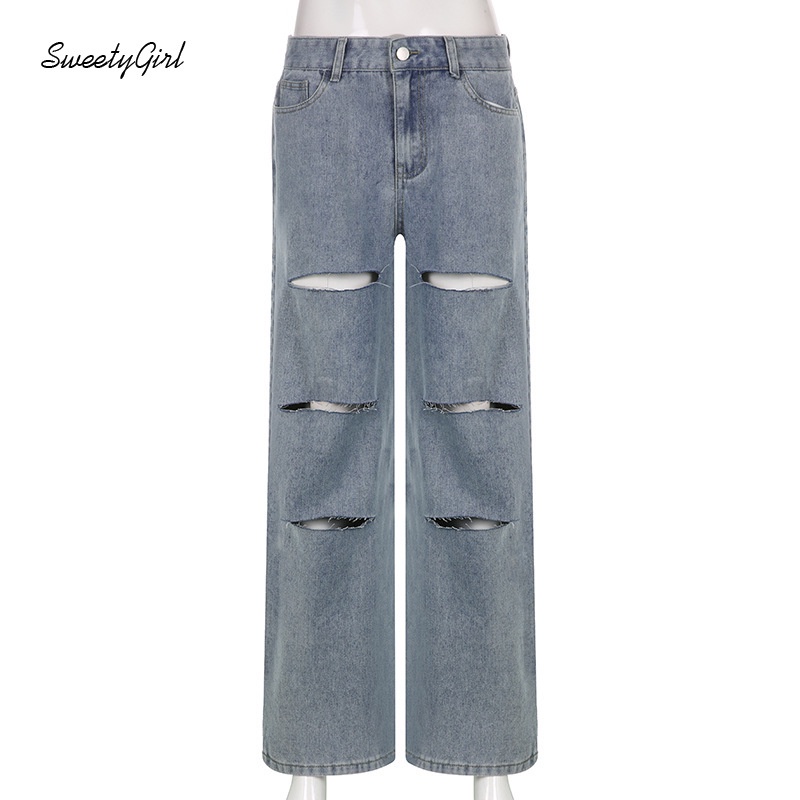 Quần Jean Rách Ống Thẳng Eo Thấp Thời Trang Dành Cho Nữ 2022